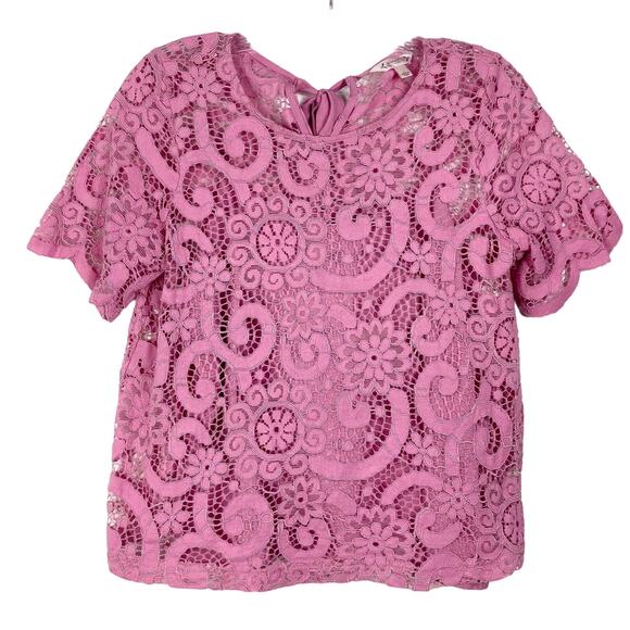 NWOT NANETTE LEPORE Top S Pink Lace Underlay Slip Bow Tie Back Short Sleeve - Picture 3 of 9